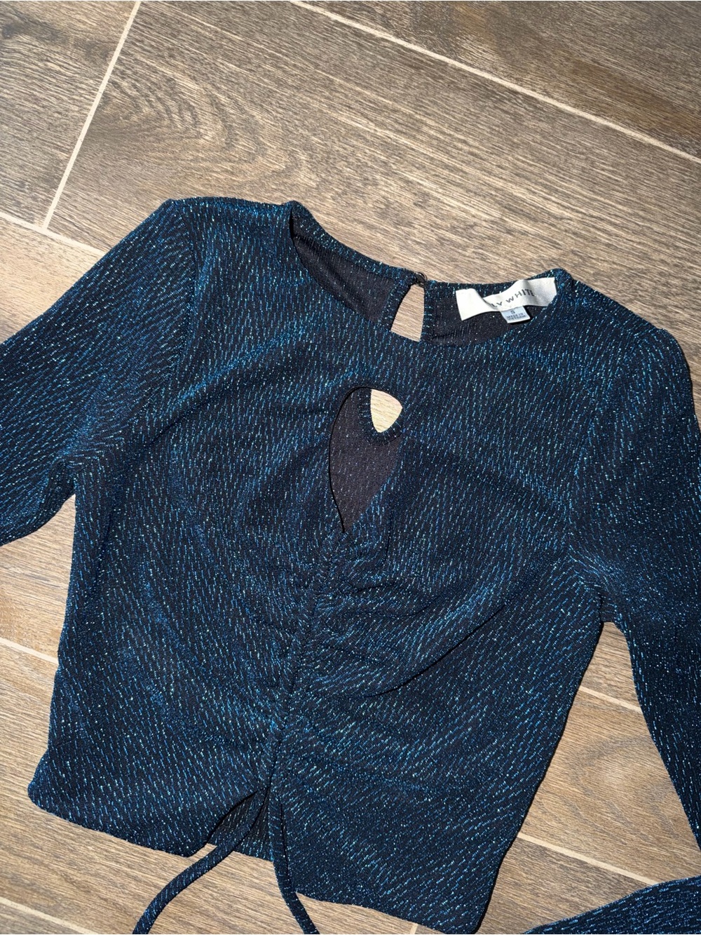 Lily White Navy Blue Metallic Thread Long-Sleeve Crop Top